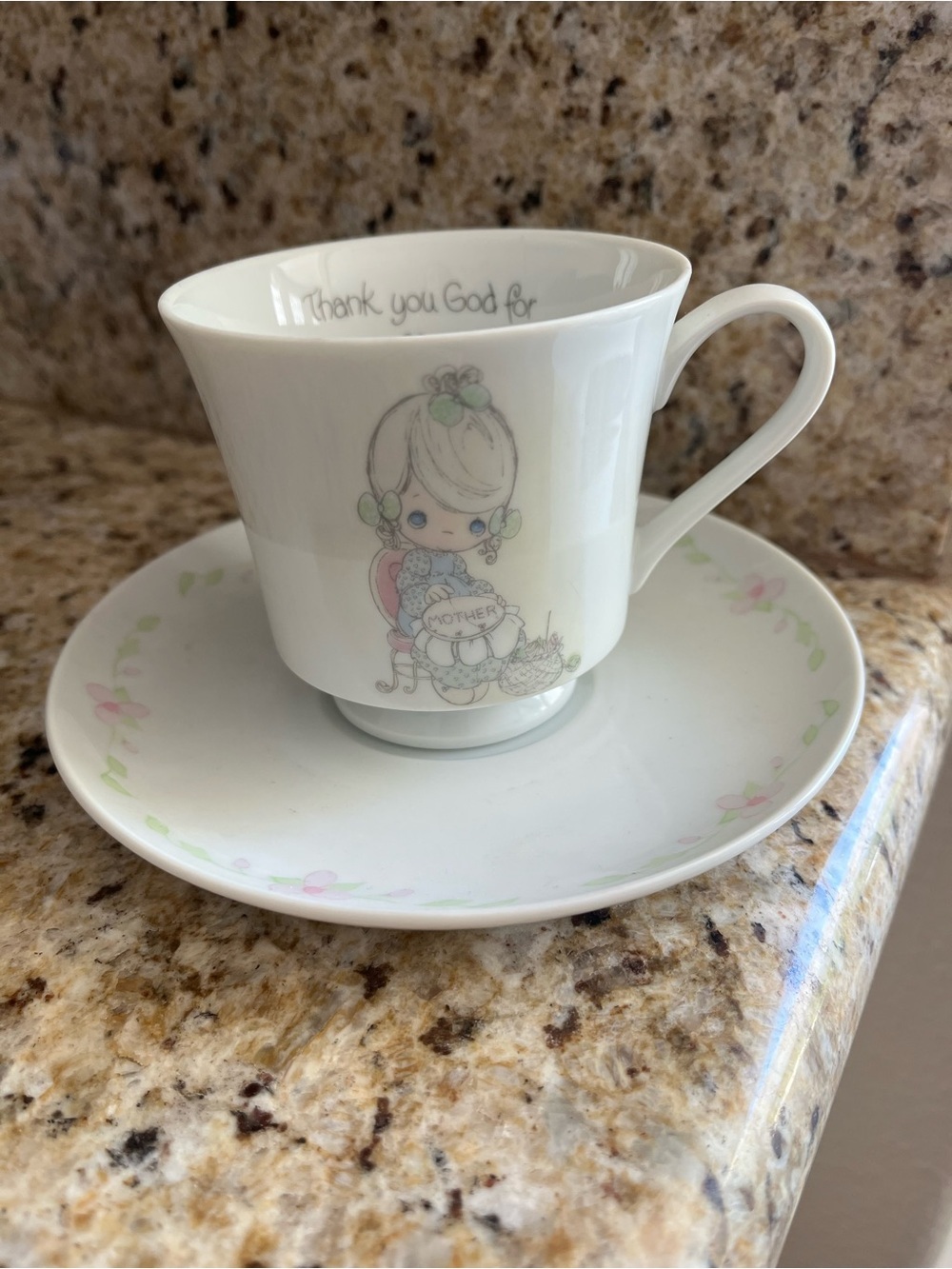 Precious Moments 1985 Thank You God for Mom Teacup and Saucer